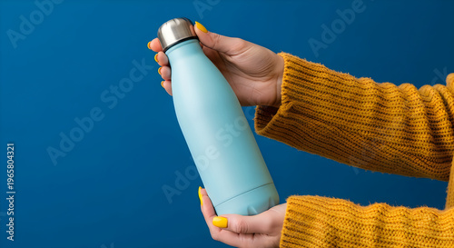 Person holding a light blue metal water bottle with silver cap
