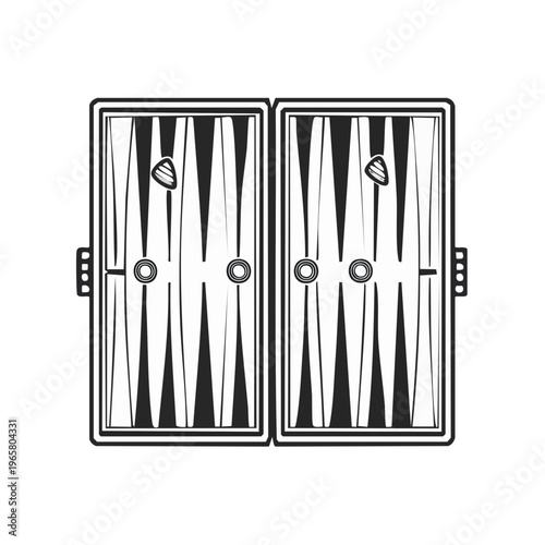 Open backgammon board with black and white triangles and checkers