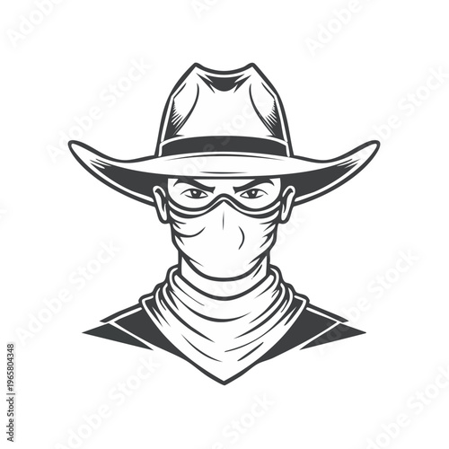 Stylized illustration of a cowboy with a bandana covering the lower face and wearing a wide brimmed hat