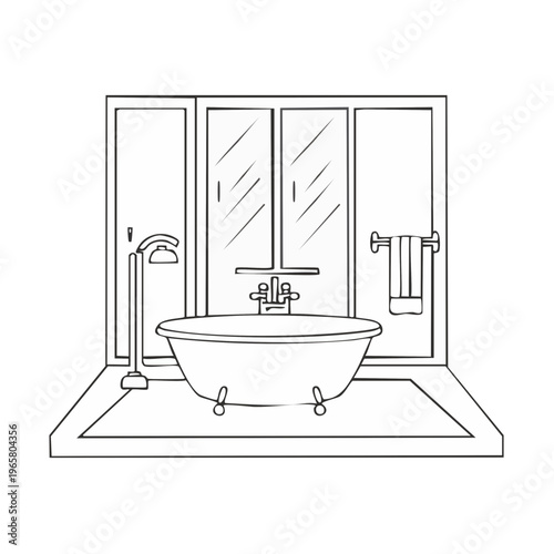Freestanding clawfoot bathtub with rainfall shower head and towel rack inside a modern shower enclosure