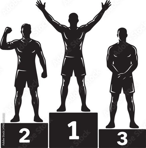 Three men standing on a podium with numbers 1 2 and 3
