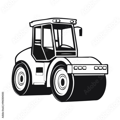 Black and white illustration of a heavy construction vehicle with a large roller drum