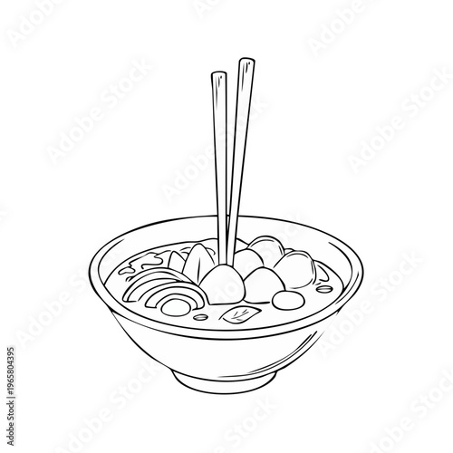 Delicious noodle soup with meatballs and chopsticks in a bowl, line art illustration