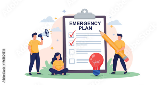 People creating and implementing an emergency plan with a clipboard