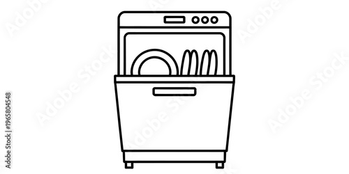 A simple black and white line art illustration representing a modern household kitchen dishwasher Vector, illustration