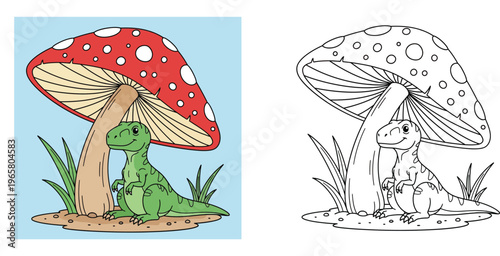 Cute Cartoon Green Dinosaur Sitting Under Giant Red Mushroom Vector Illustration; Small Baby T-Rex Resting Beneath Toadstool in Fantasy Nature Landscape