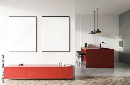 Minimal interior showing framed poster mockup above red cabinet in modern kitchen style on bright wall background, concept of design, 3D Rendering