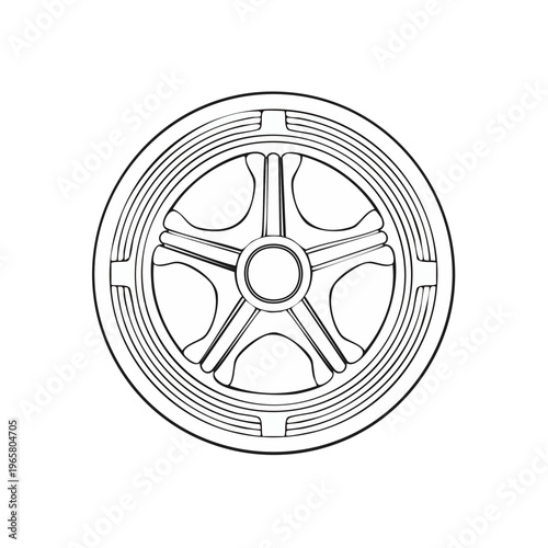 Stylized five-spoke wheel design, circular automotive part outline