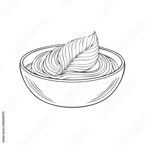 Hand-drawn illustration of pasta swirls in a bowl with a basil leaf garnish
