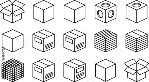 Box packaging line icon set vector cardboard package cube shipping delivery storage outline collection logistic design isolated illustration