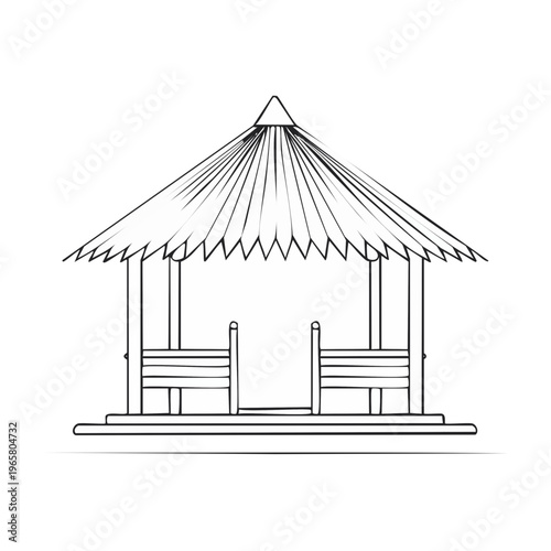 Outdoor Wooden Gazebo Structure with Seating and Thatched Roof Outline