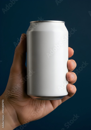 Hand holding a white blank soda or beer aluminum can mockup