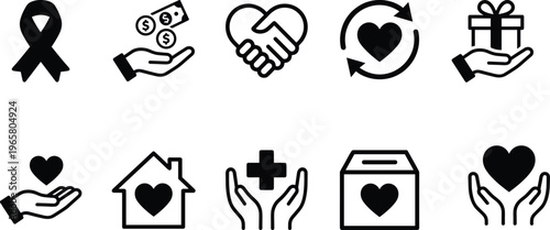 Charity donation icons set including healthcare support money giving love community care volunteer aid symbols black vector collection illustration bundle