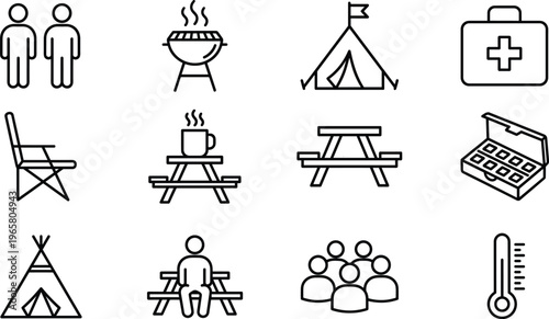 Camping picnic outdoor activity line icons set people tent barbecue grill first aid kit chair table group vector illustration pack