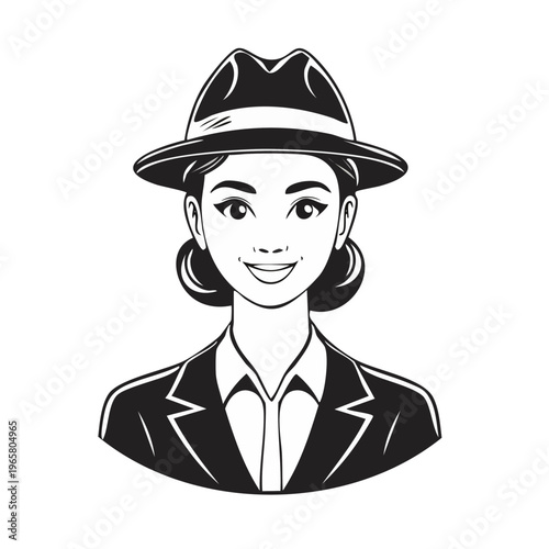 Vintage woman in fedora hat and suit jacket smiling, retro graphic style