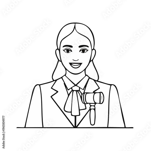Smiling Woman Lawyer or Judge Holding Gavel in Courtroom Professional Attire