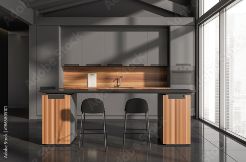 Modern kitchen interior with grey cabinets and wood accents in realistic style on bright window background, concept of elegant home design, 3D Rendering