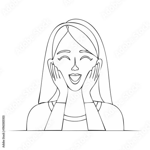 Excited young woman with hands on cheeks and wide open mouth expressing surprise and joy