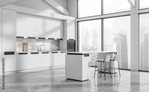 Modern kitchen interior with minimalist elements in realistic style on a bright cityscape background, concept of contemporary living comfort, 3D Rendering