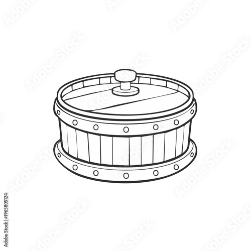 Line Art Illustration of a Vintage Wooden Barrel with Metal Bands