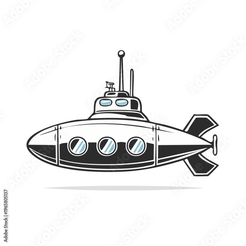 Cartoon style underwater vessel with periscope and portholes exploring the deep sea