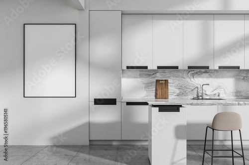 Modern kitchen interior showing blank framed poster mockup in minimal style on light wall background, concept of home design, 3D Rendering