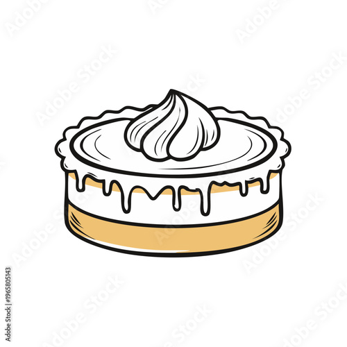 Hand drawn layered cake with cream swirl topping and frosting drip illustration
