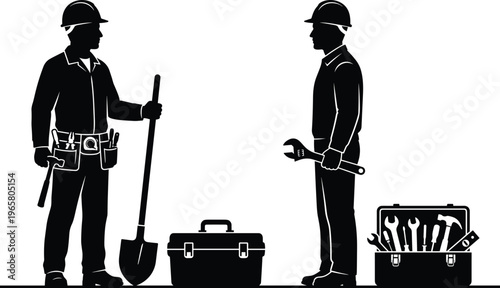 Construction workers silhouette with tools vector black builder handyman engineer equipment repair industry labor illustration isolated design