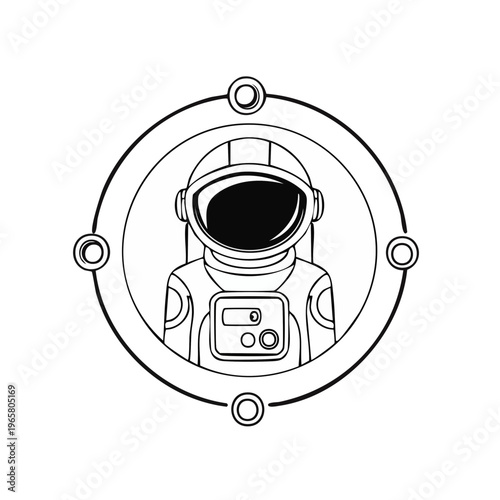 Stylized astronaut helmet and suit graphic within a circular frame