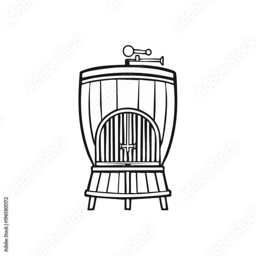 Ornate barrel with spigot and decorative metal grille on stand