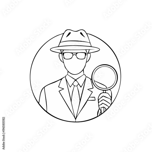 Illustrated detective in fedora hat and glasses holding magnifying glass for investigation