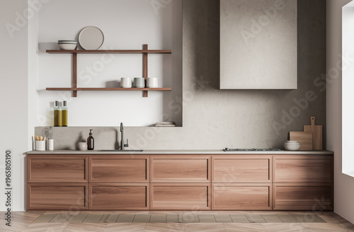 Minimal kitchen interior with wooden cabinets and open shelving in clean minimal style on neutral background, concept of modern home design, 3D Rendering