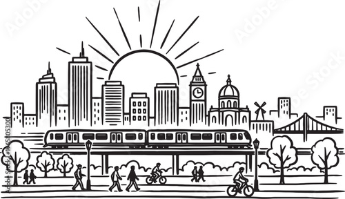 cityscape with train and people walking and cycling