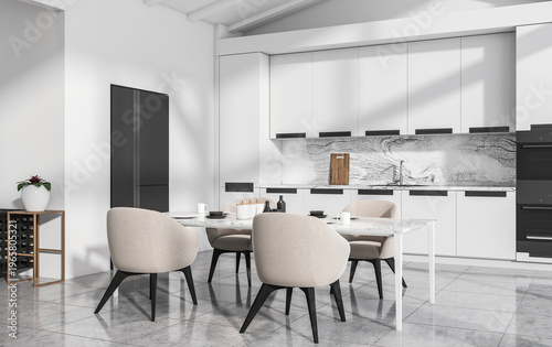 Bright modern kitchen interior with minimalist style, marble surfaces and elegant dining setup on a light background, concept of contemporary home elegance, 3D Rendering