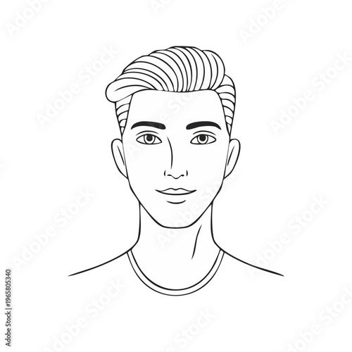 Line drawing illustration of a young man's face with stylish hair and a t-shirt.
