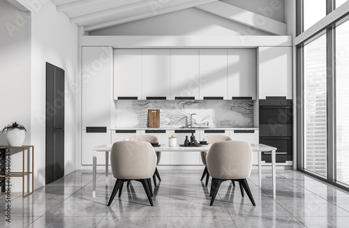 Modern interior kitchen dining area in minimalist style on bright clean background, concept of contemporary home design harmony, 3D Rendering