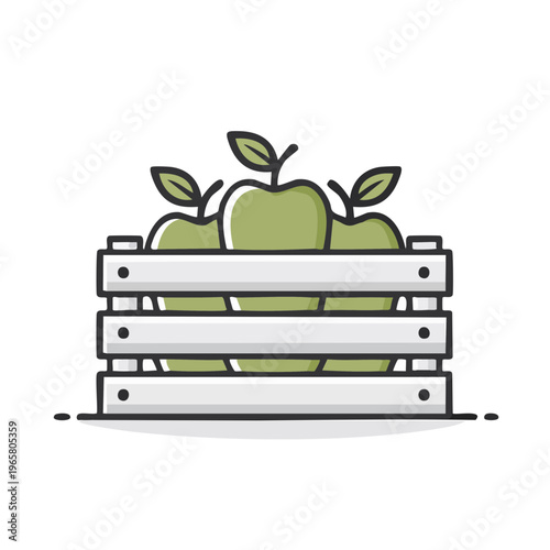 Fresh green apples in a wooden crate icon illustration healthy harvest concept