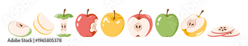 Set of apples with whole, sliced, half and core pieces, peel and leaves. Fruit vector illustration