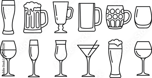 Drink glass line icon set vector beer wine cocktail mug beverage outline collection bar alcohol illustration isolated design
