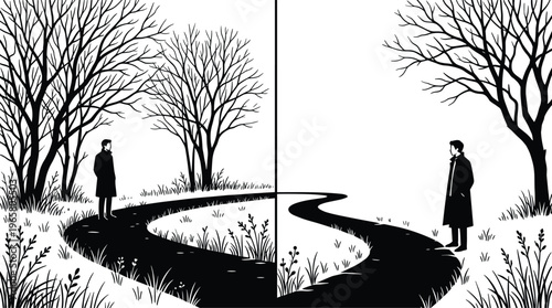 Lonely man silhouette nature landscape path trees black white illustration solitude concept journey forest minimal design scene