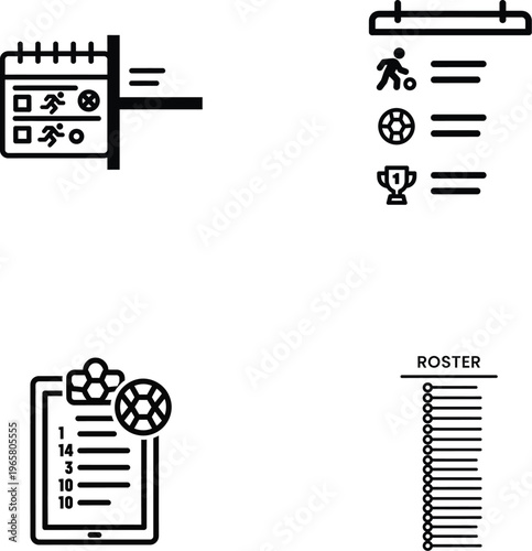 Sports icons, athletic symbols, vector set, black and white graphics, sports design elements