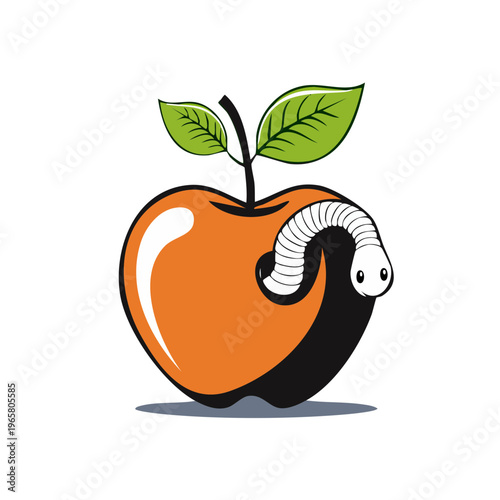 Cute cartoon worm emerging from a bright orange apple with green leaves