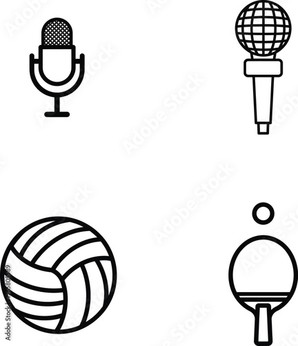 Sports icons, microphone, volleyball, table tennis, athletic symbols