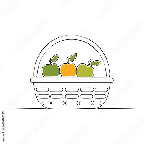 Three ripe apples green and orange contained in a simple basket with outline drawing