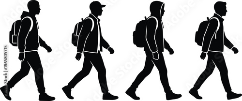 Walking people silhouettes set with backpacks urban lifestyle black white vector illustration isolated characters motion steps casual pedestrians collection design