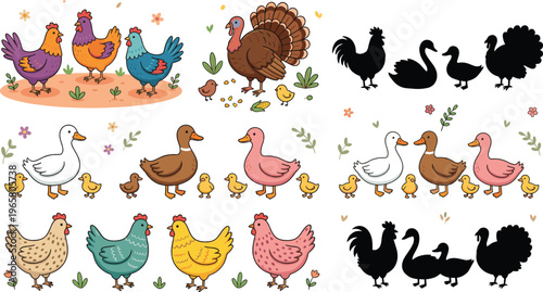 Large Farm Birds Vector Set Featuring Colorful Chickens, Roosters, Turkeys, Ducks, Geese, and Chicks with Matching Black Silhouettes for Educational Books and Design Projects