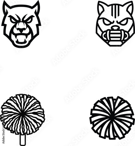 Wildcat head logos, dandelion icons, black line art, vector graphics