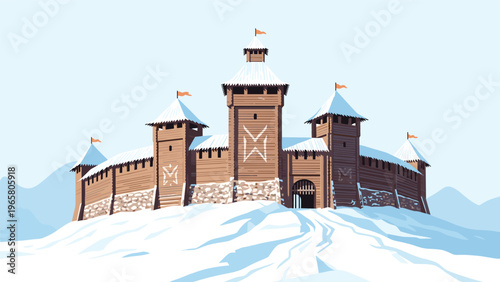 Medieval wooden fortress stands atop a snowy hill against a pale blue sky in this pixel art style historical illustration.