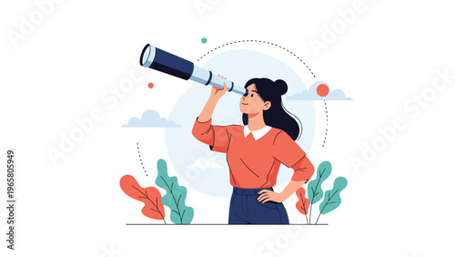 Young woman looks through a long telescope toward the horizon in a stylish flat vector illustration about exploration and vision.