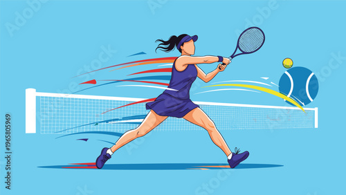 Professional female tennis player performs a powerful backhand swing on a blue court with motion blur effects in a sports scene.